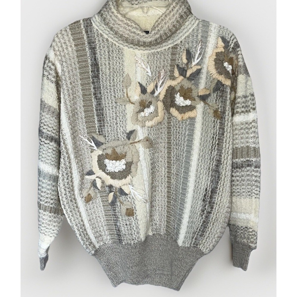 Vintage 90s Wool Blend Floral Cottagecore Knit Cowl‎ Neck Sweater Women's Medium